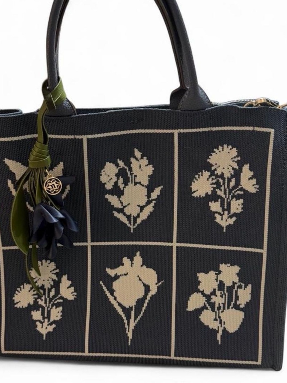 Nanette Lepore Navy and Cream Floral Grid Tote with Leather Handles